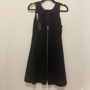 Brand new Dex elegant black dress small, faux leather front, zipper on the back